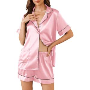 Ekouaer Pajamas for Women Set Silk Satin Pjs Button Down Sleepwear Summer Loungewear Top and Shorts Lounge Set S-XXL(Pink-2)