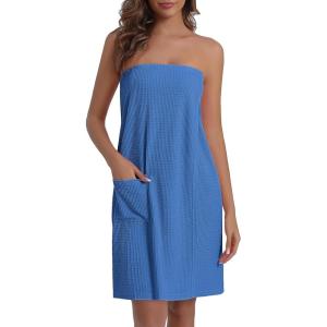 Ekouaer Waffle Robes For Women Bath Wraps Lightweight Knee Length Soft Shower Robe with Pocket S-L(Blue)