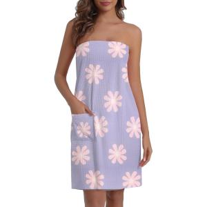 Ekouaer Waffle Robes For Women Bath Wraps Lightweight Knee Length Soft Shower Robe with Pocket S-L(Floral Blue)