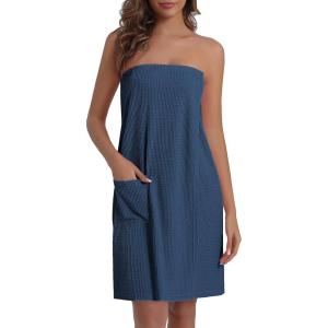 Ekouaer Waffle Robes For Women Bath Wraps Lightweight Knee Length Soft Shower Robe with Pocket S-L(Navy Blue)