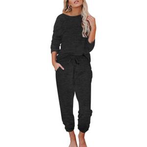 Ekouaer Womens Pajamas Set Long Sleeve Loungewear Soft Lounge Set Joggers with Pockets(Black)