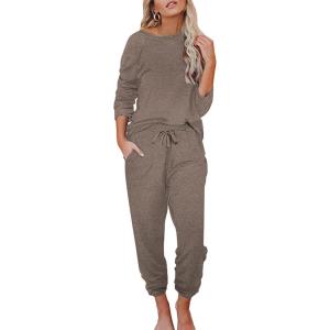 Ekouaer Womens Pajamas Set Long Sleeve Loungewear Soft Lounge Set Joggers with Pockets(Brown)