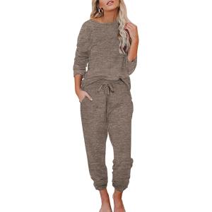 Ekouaer Womens Pajamas Set Long Sleeve Loungewear Soft Lounge Set Joggers with Pockets(Light Brown)