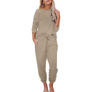 Ekouaer Womens Pajamas Set Long Sleeve Loungewear Soft Lounge Set Joggers with Pockets(Light Tan)