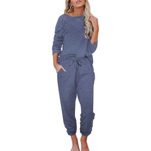 Ekouaer Womens Pajamas Set Long Sleeve Loungewear Soft Lounge Set Joggers with Pockets(Navy Blue)
