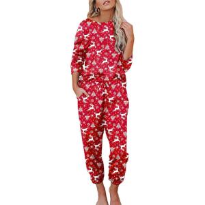 Ekouaer Womens Pajamas Set Long Sleeve Loungewear Soft Lounge Set Joggers with Pockets(Red Christmas)