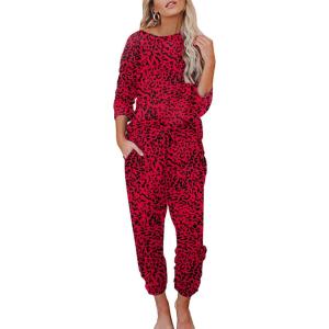 Ekouaer Womens Pajamas Set Long Sleeve Loungewear Soft Lounge Set Joggers with Pockets(Red Leopard)