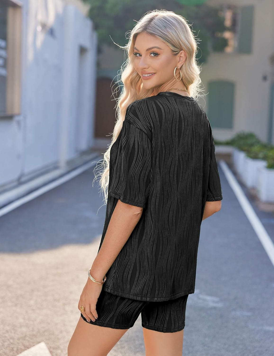 imageEkouaer Biker Short Sets Women 2 Piece Outfits Shorts Lounge Sets Oversized Shirt Sweatsuits Set