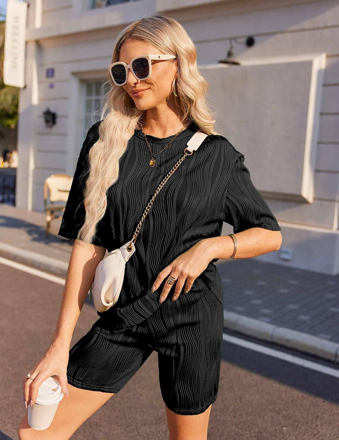 imageEkouaer Biker Short Sets Women 2 Piece Outfits Shorts Lounge Sets Oversized Shirt Sweatsuits Set