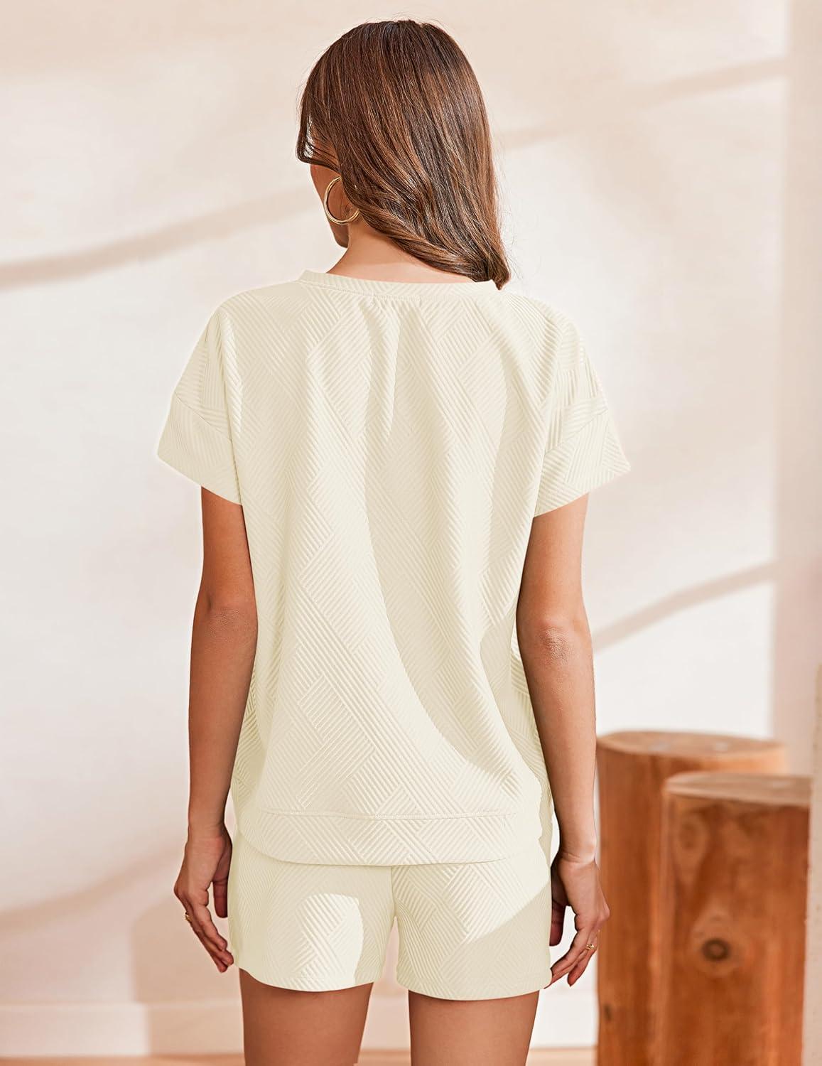 imageEkouaer Lounge Sets for Women Textured 2 Piece Shorts Set Cozy Summer Outfits Casual Loungewear Short Sleeve SweatsuitsBeige