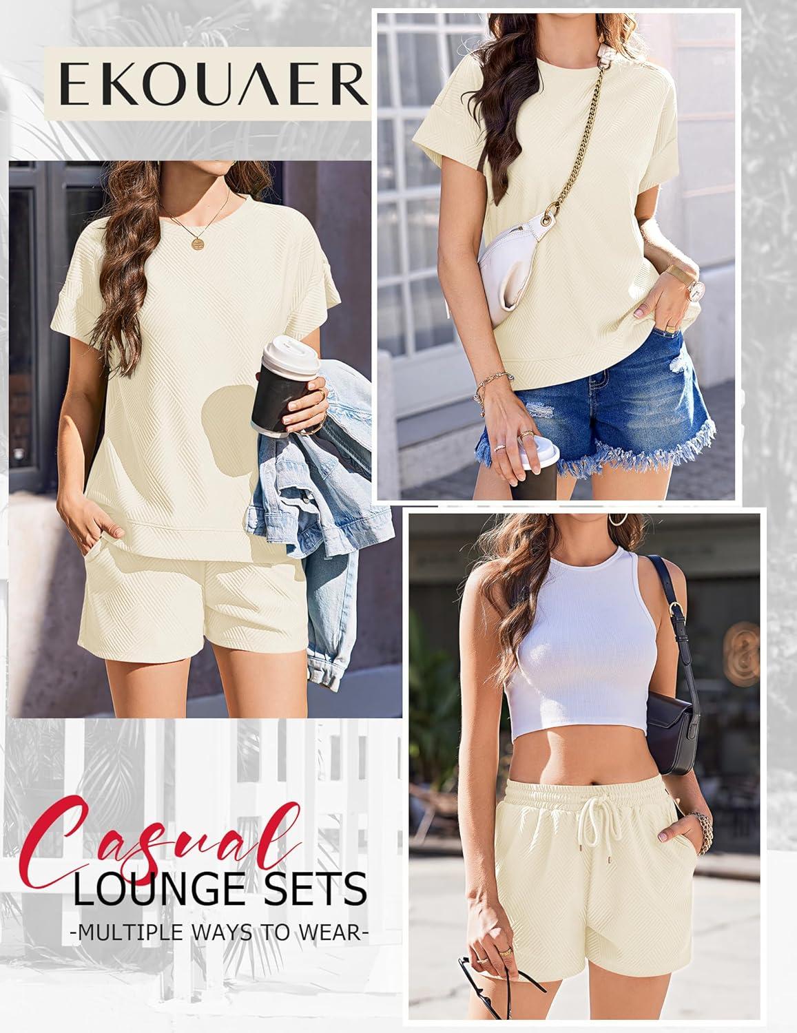 imageEkouaer Lounge Sets for Women Textured 2 Piece Shorts Set Cozy Summer Outfits Casual Loungewear Short Sleeve SweatsuitsBeige