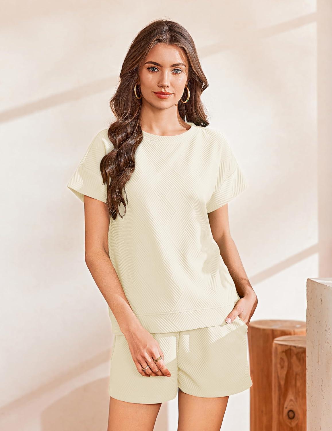 imageEkouaer Lounge Sets for Women Textured 2 Piece Shorts Set Cozy Summer Outfits Casual Loungewear Short Sleeve SweatsuitsBeige