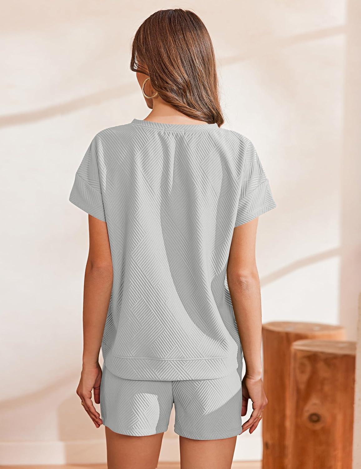 imageEkouaer Lounge Sets for Women Textured 2 Piece Shorts Set Cozy Summer Outfits Casual Loungewear Short Sleeve SweatsuitsGrey