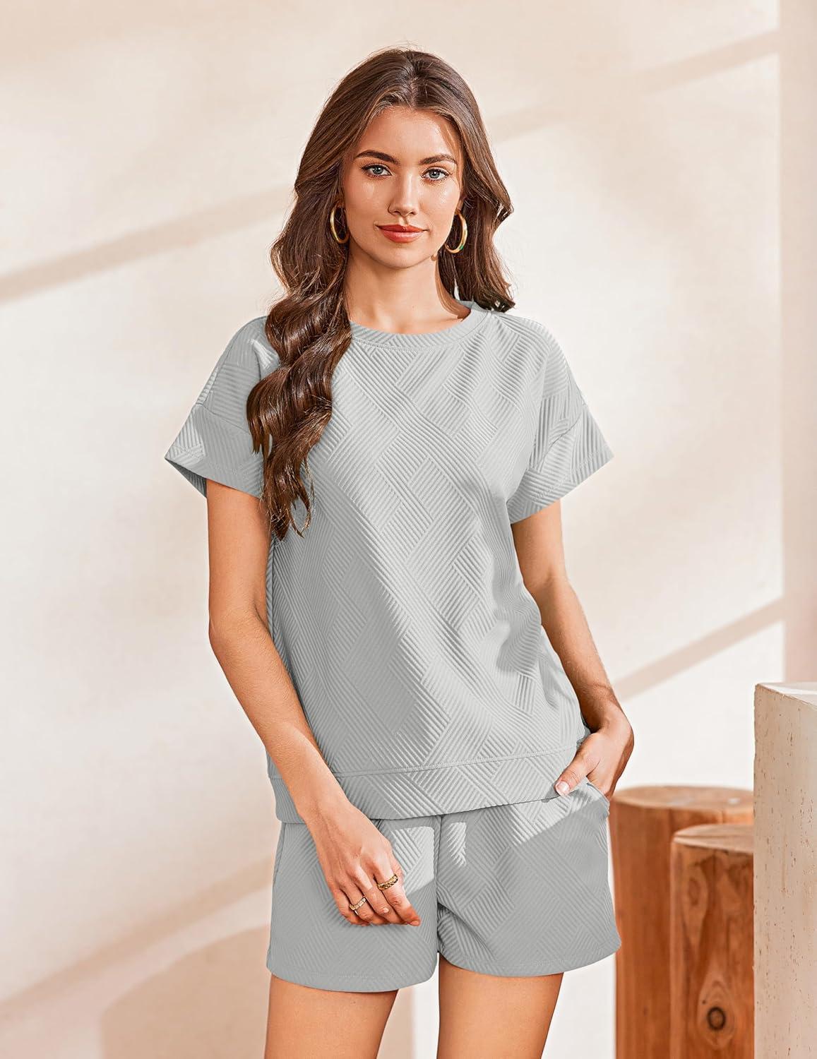 imageEkouaer Lounge Sets for Women Textured 2 Piece Shorts Set Cozy Summer Outfits Casual Loungewear Short Sleeve SweatsuitsGrey