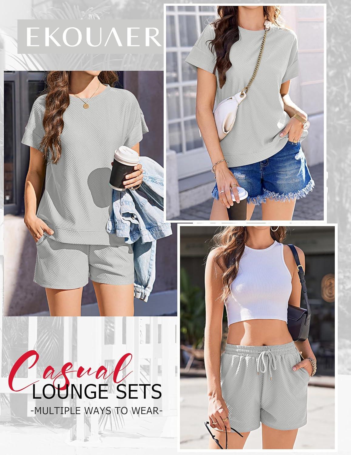 imageEkouaer Lounge Sets for Women Textured 2 Piece Shorts Set Cozy Summer Outfits Casual Loungewear Short Sleeve SweatsuitsGrey