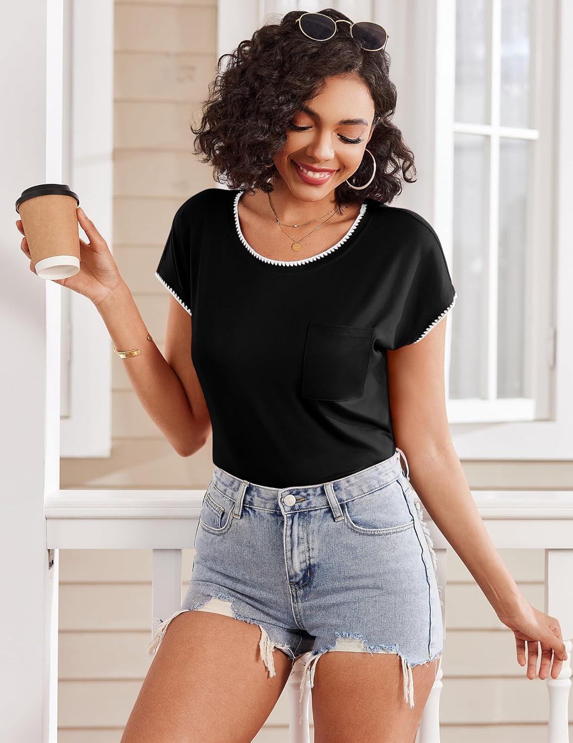 imageEkouaer Pajama Sets Lounge Sets for Women 2 Piece Short Sleeve Tops and Shorts Comfy Pjs Sleepwear SXXLBlack