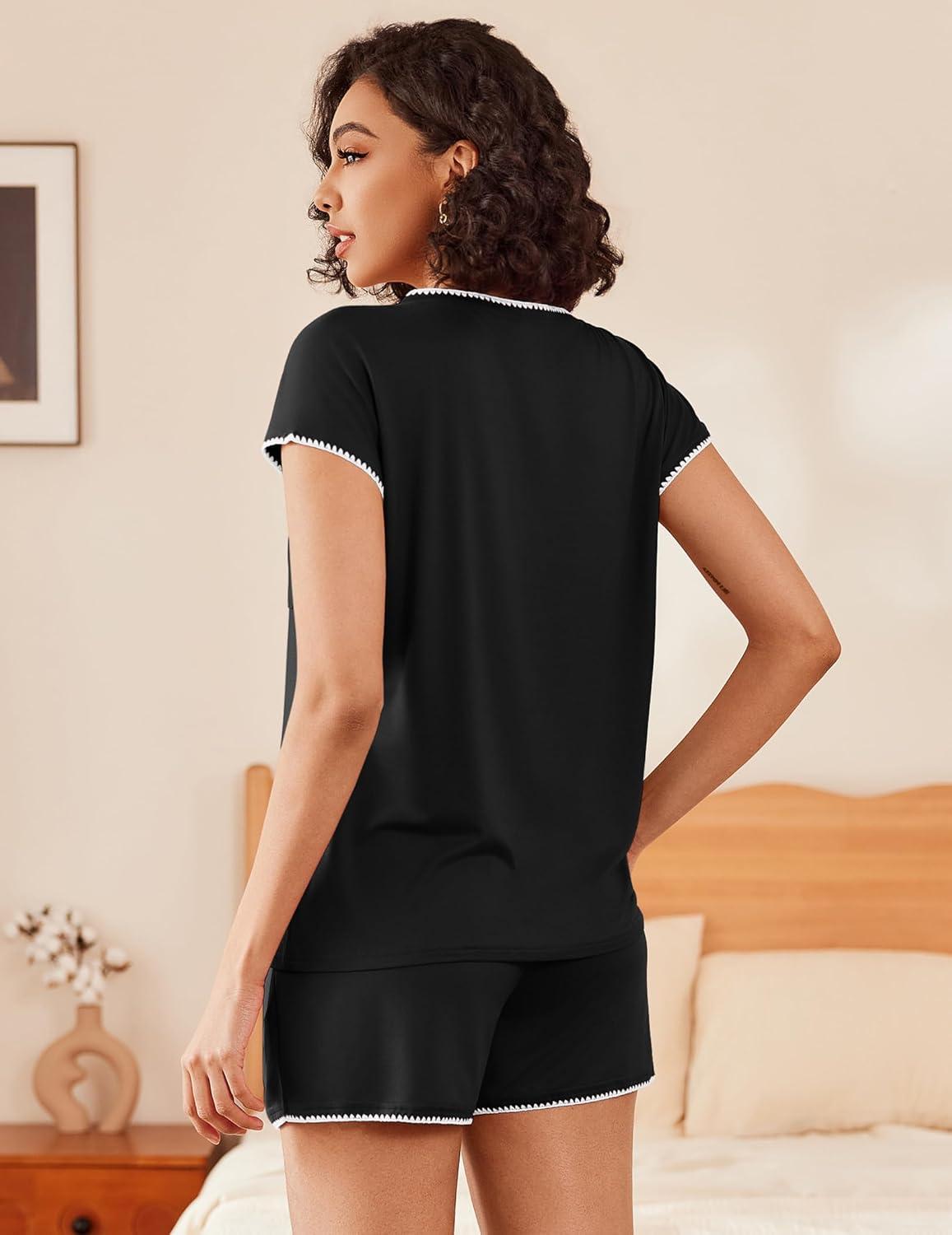 imageEkouaer Pajama Sets Lounge Sets for Women 2 Piece Short Sleeve Tops and Shorts Comfy Pjs Sleepwear SXXLBlack