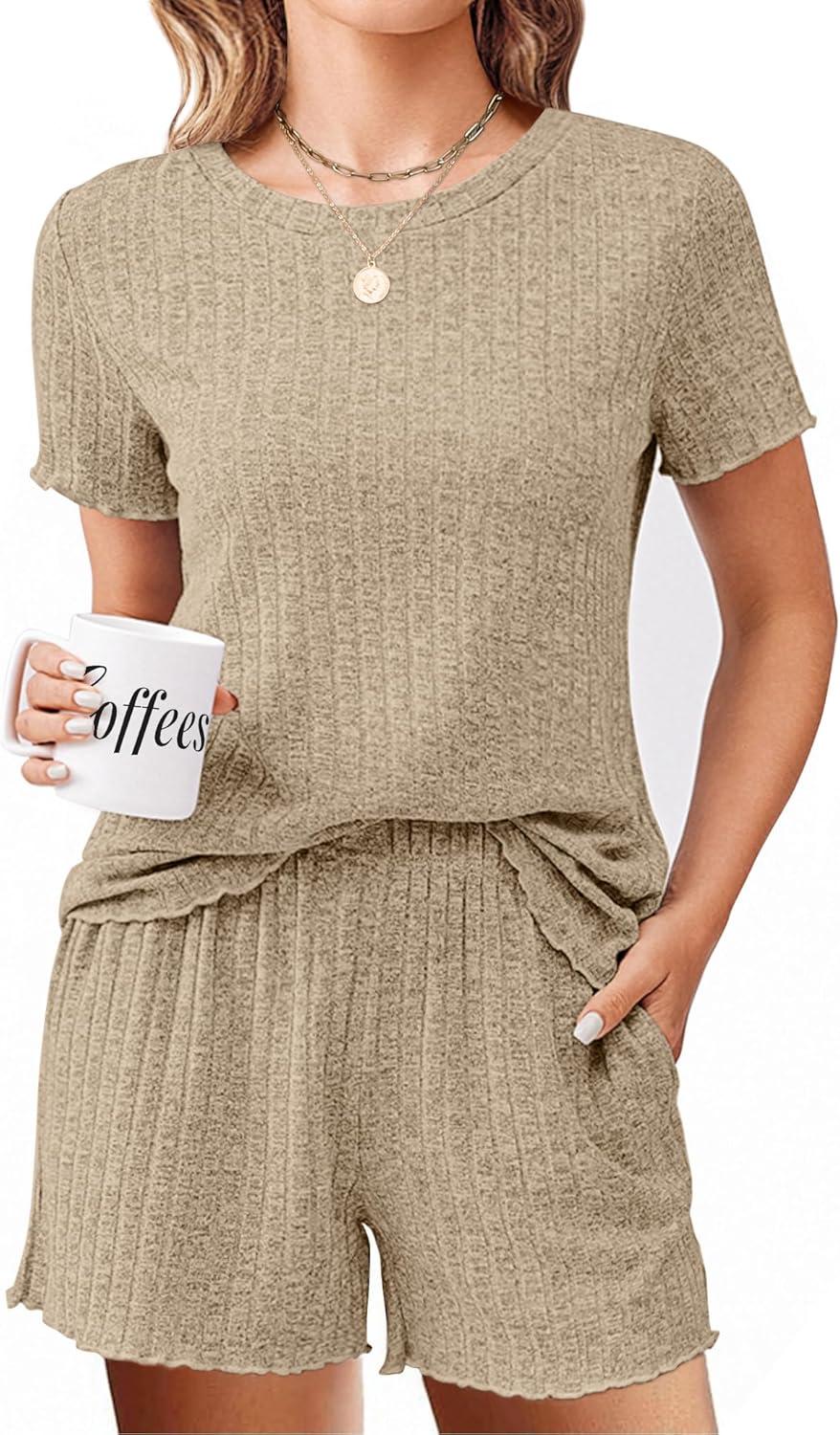 imageEkouaer Pajamas Sets for Women Ribbed Knit Sleepwear Set Soft Short Sleeve Pjs with Pockets Casual Lounge Sets with PocketsBeige