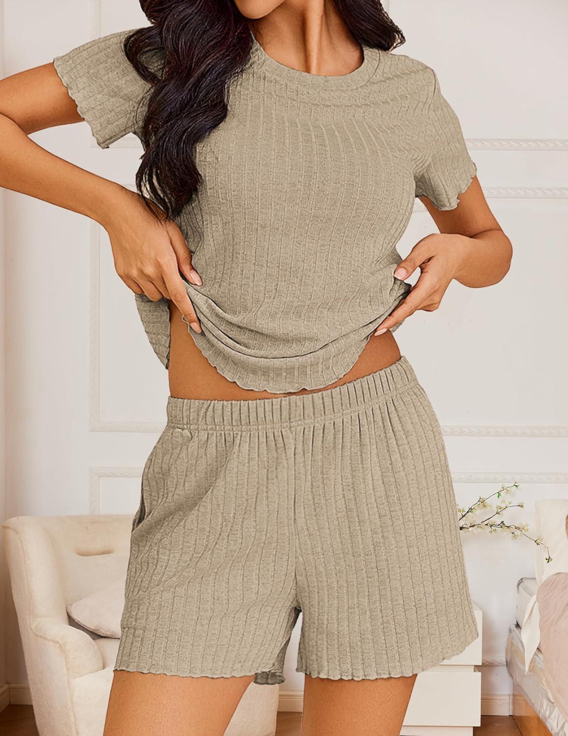 imageEkouaer Pajamas Sets for Women Ribbed Knit Sleepwear Set Soft Short Sleeve Pjs with Pockets Casual Lounge Sets with PocketsBeige