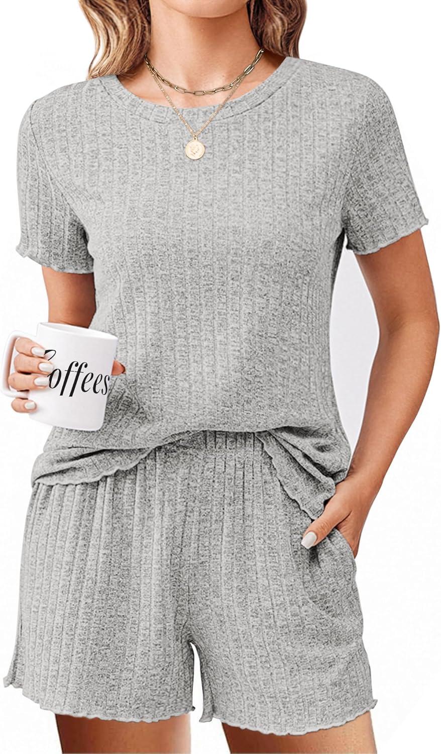 imageEkouaer Pajamas Sets for Women Ribbed Knit Sleepwear Set Soft Short Sleeve Pjs with Pockets Casual Lounge Sets with PocketsLight Grey