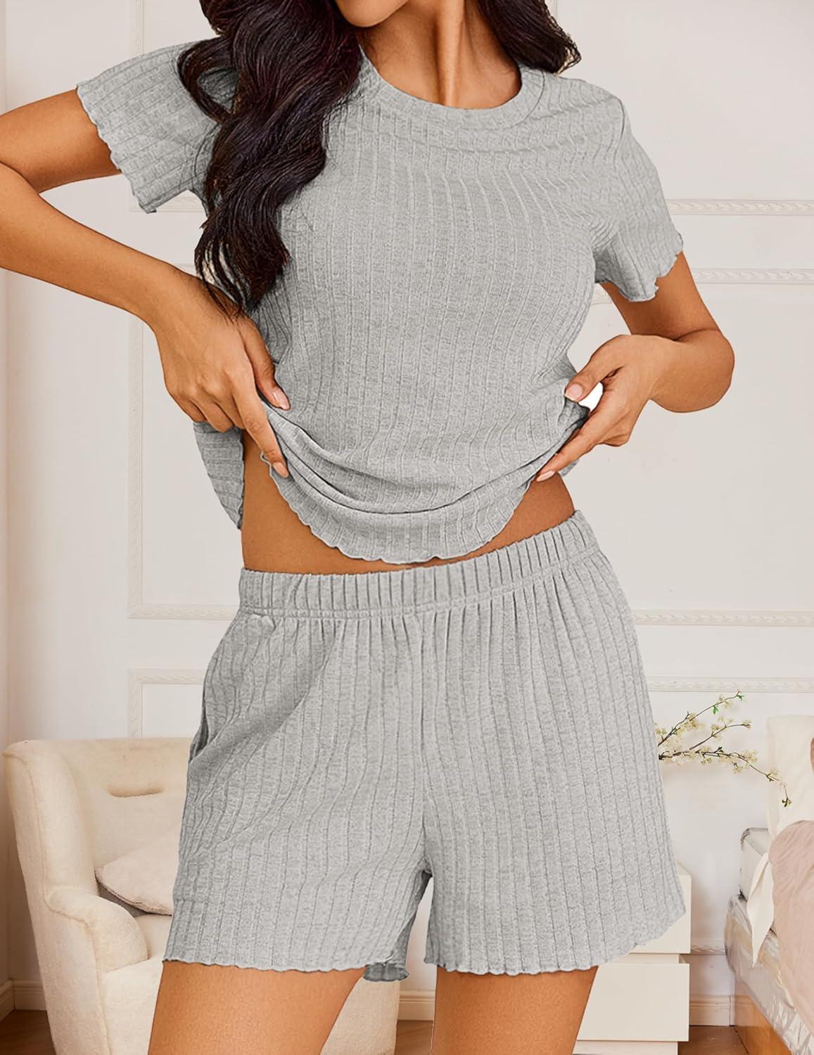imageEkouaer Pajamas Sets for Women Ribbed Knit Sleepwear Set Soft Short Sleeve Pjs with Pockets Casual Lounge Sets with PocketsLight Grey