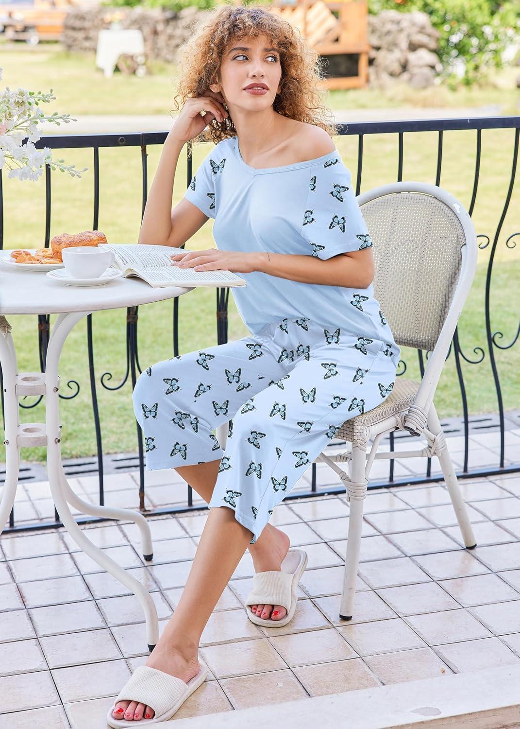 imageEkouaer Pajamas for Women Set Short Sleeve Pj Sets Pullover Tops amp Capri Pants 2 Piece Sleepwear Loungewear SXXLBluebutterfly