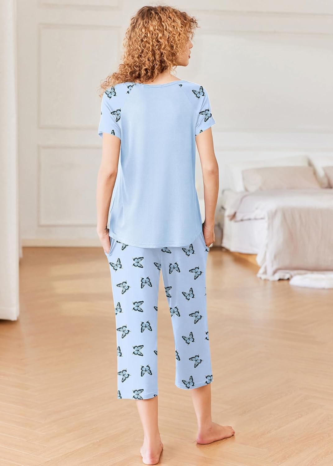 imageEkouaer Pajamas for Women Set Short Sleeve Pj Sets Pullover Tops amp Capri Pants 2 Piece Sleepwear Loungewear SXXLBluebutterfly