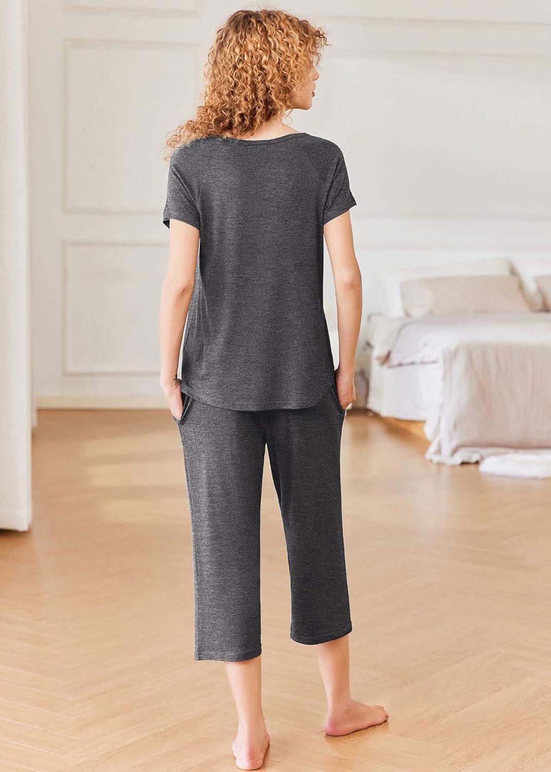 imageEkouaer Pajamas for Women Set Short Sleeve Pj Sets Pullover Tops amp Capri Pants 2 Piece Sleepwear Loungewear SXXLDark Grey