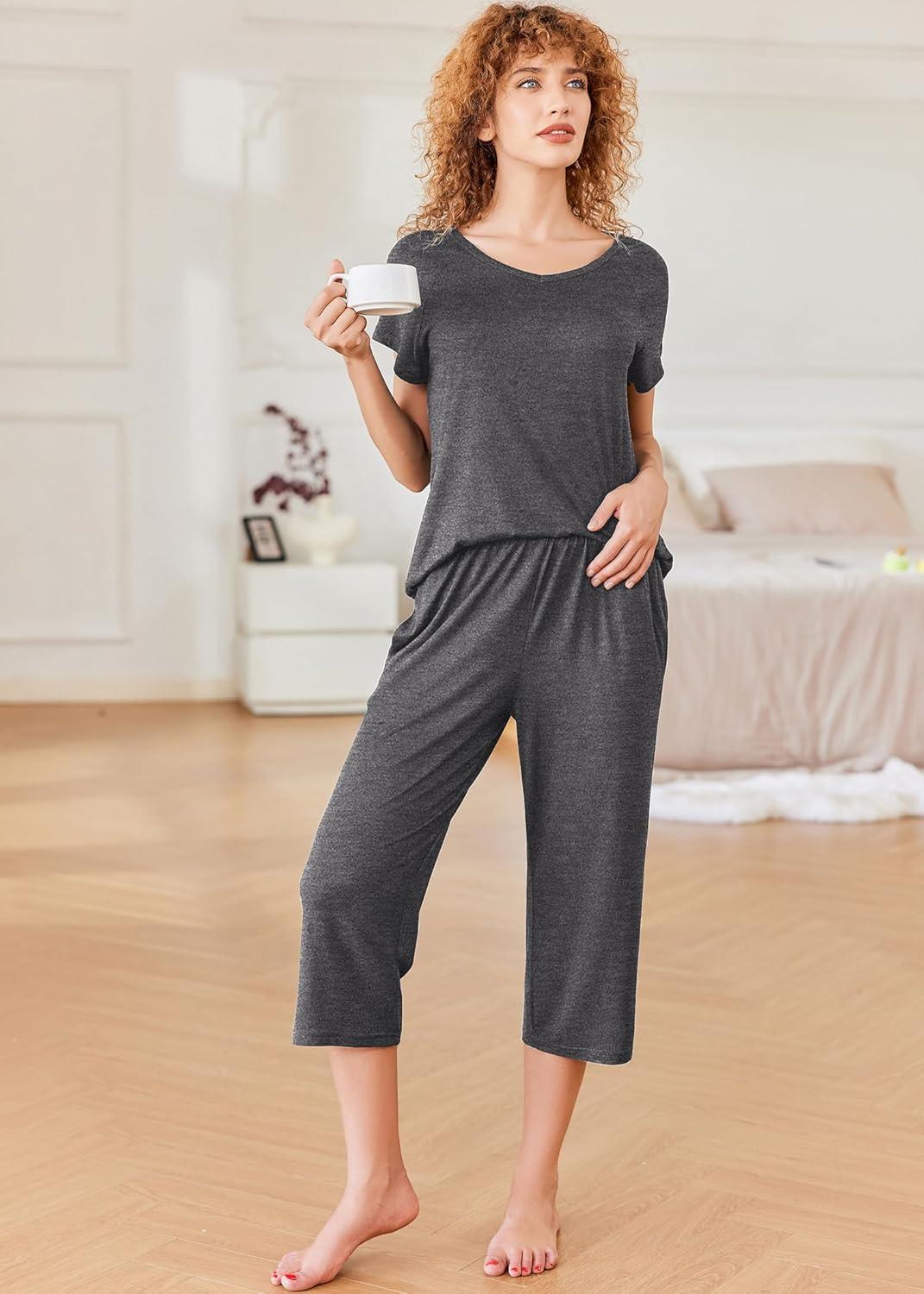 imageEkouaer Pajamas for Women Set Short Sleeve Pj Sets Pullover Tops amp Capri Pants 2 Piece Sleepwear Loungewear SXXLDark Grey