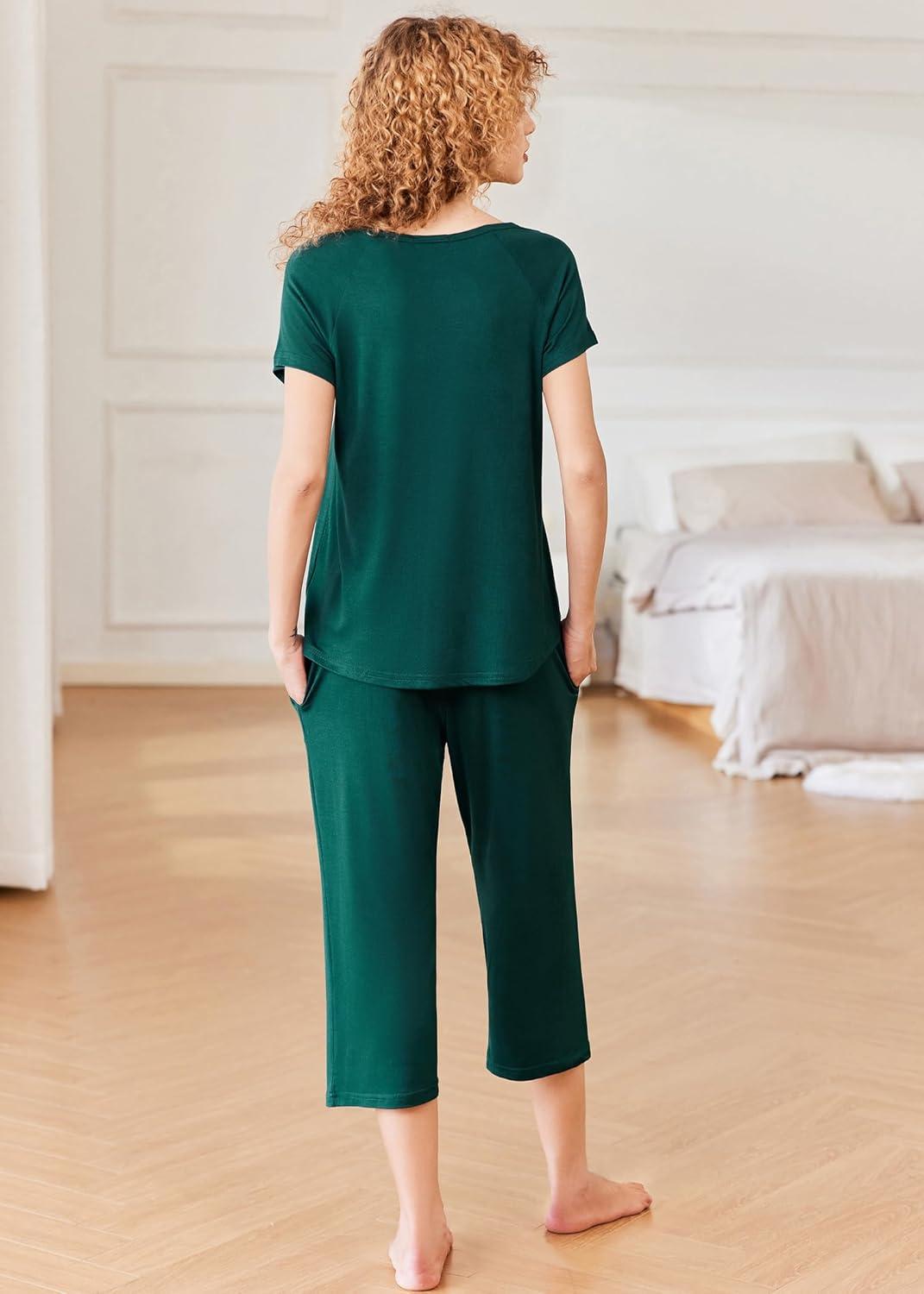 imageEkouaer Pajamas for Women Set Short Sleeve Pj Sets Pullover Tops amp Capri Pants 2 Piece Sleepwear Loungewear SXXLLake Green