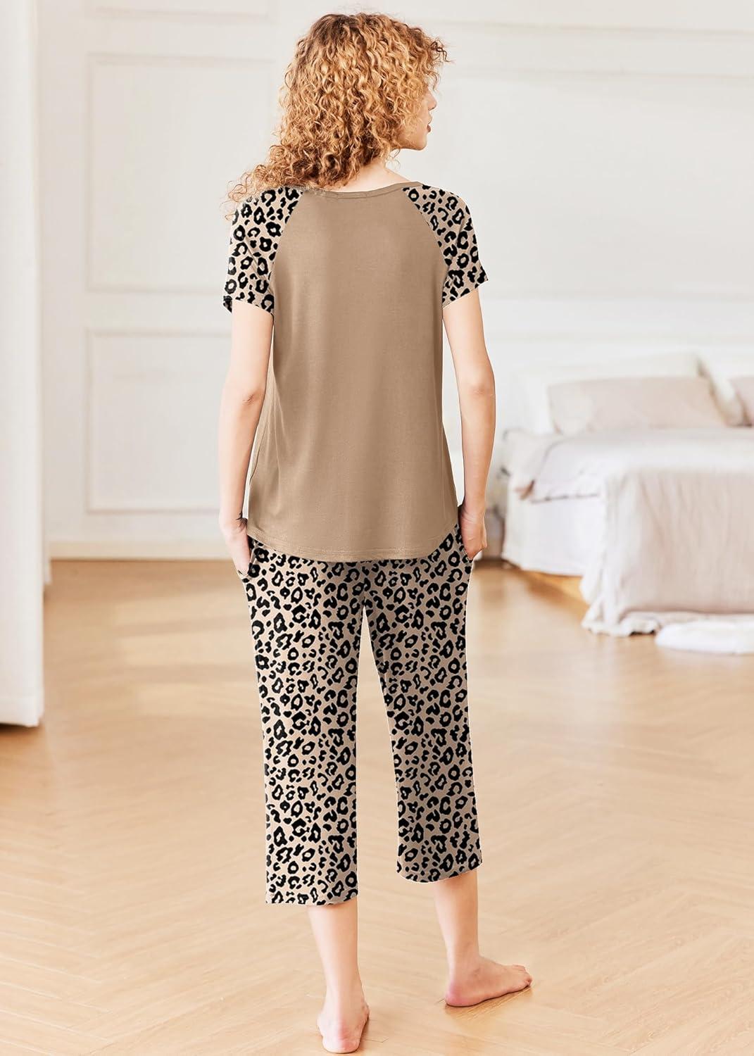 imageEkouaer Pajamas for Women Set Short Sleeve Pj Sets Pullover Tops amp Capri Pants 2 Piece Sleepwear Loungewear SXXLLeopard