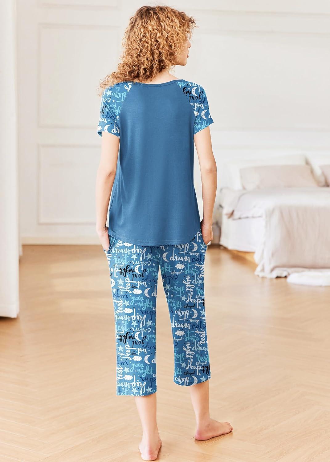 imageEkouaer Pajamas for Women Set Short Sleeve Pj Sets Pullover Tops amp Capri Pants 2 Piece Sleepwear Loungewear SXXLLetter Print