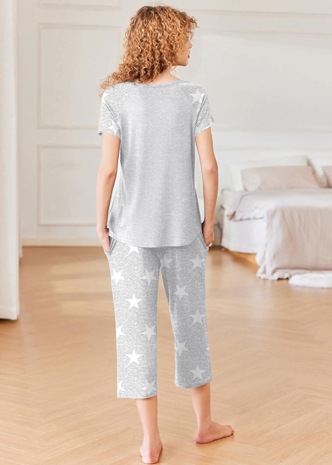 imageEkouaer Pajamas for Women Set Short Sleeve Pj Sets Pullover Tops amp Capri Pants 2 Piece Sleepwear Loungewear SXXLLight Greystar