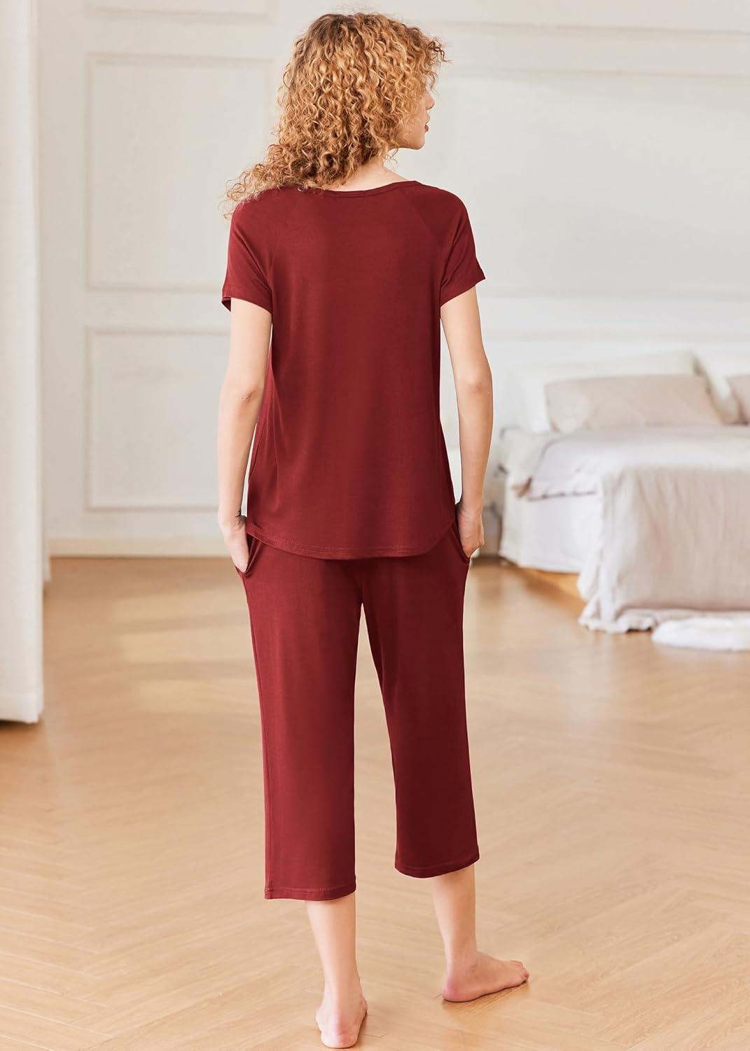 imageEkouaer Pajamas for Women Set Short Sleeve Pj Sets Pullover Tops amp Capri Pants 2 Piece Sleepwear Loungewear SXXLWine Red