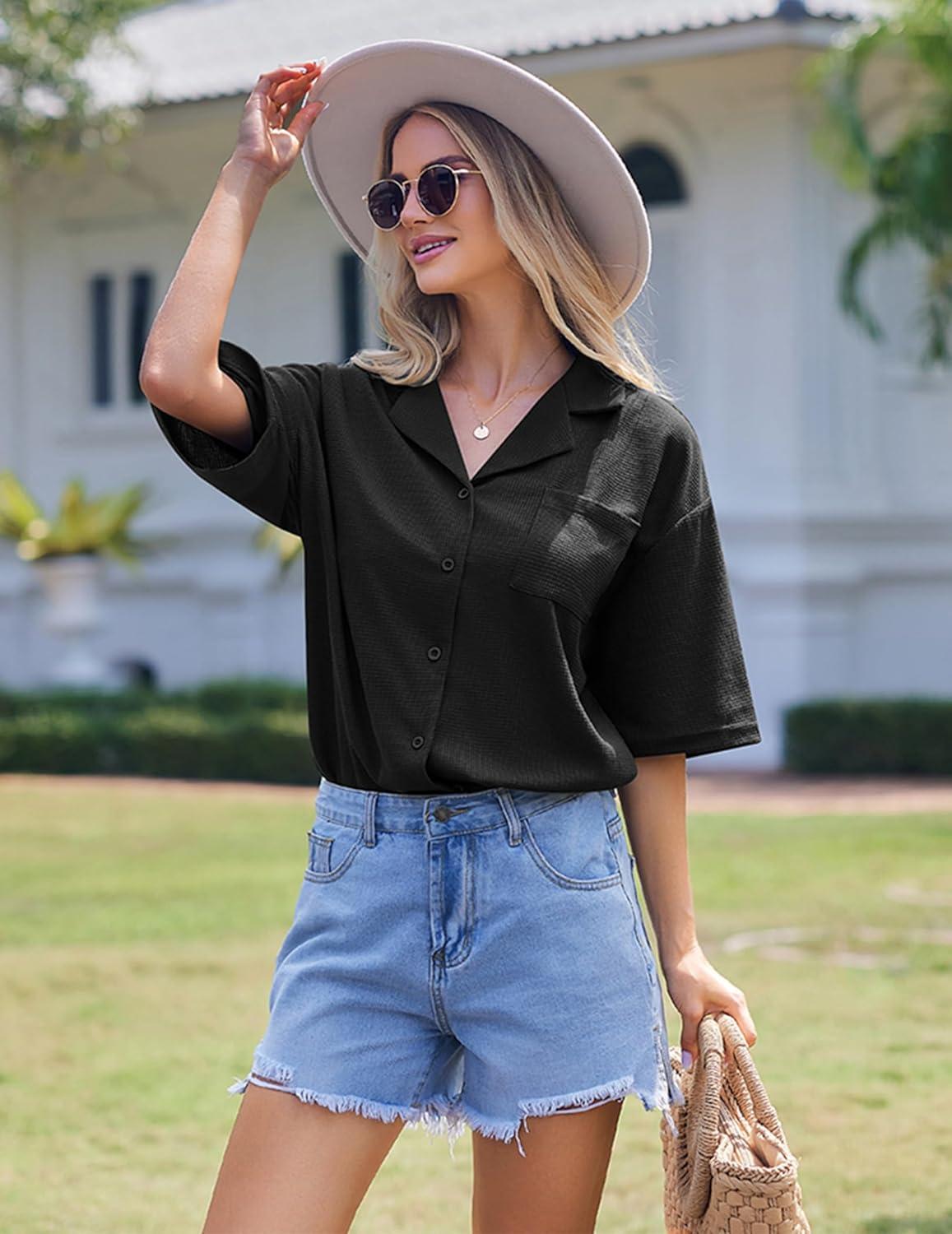 imageEkouaer Pajamas for Women Waffle Knit Lounge Set Button Down Loungewear Soft Short Sleeve Pjs Shorts Set SXXLBlack