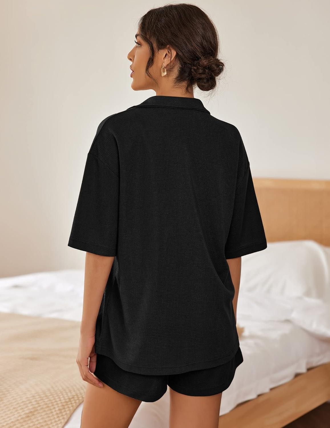 imageEkouaer Pajamas for Women Waffle Knit Lounge Set Button Down Loungewear Soft Short Sleeve Pjs Shorts Set SXXLBlack