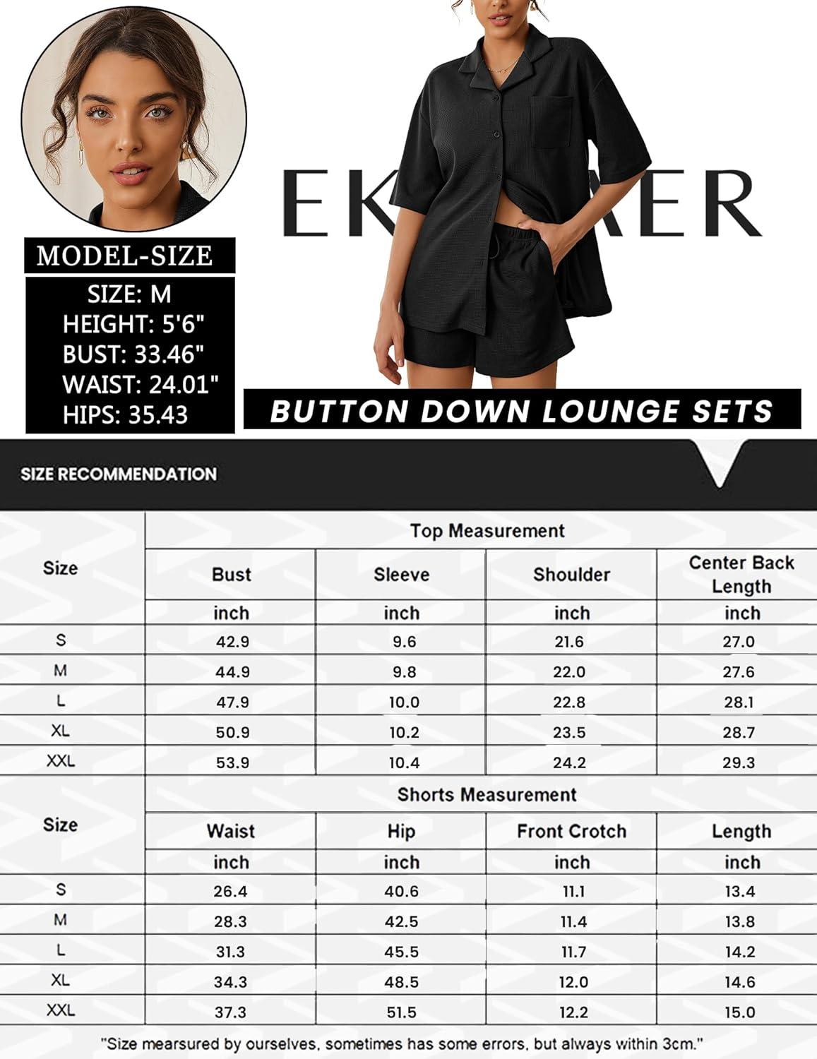 imageEkouaer Pajamas for Women Waffle Knit Lounge Set Button Down Loungewear Soft Short Sleeve Pjs Shorts Set SXXLBlack