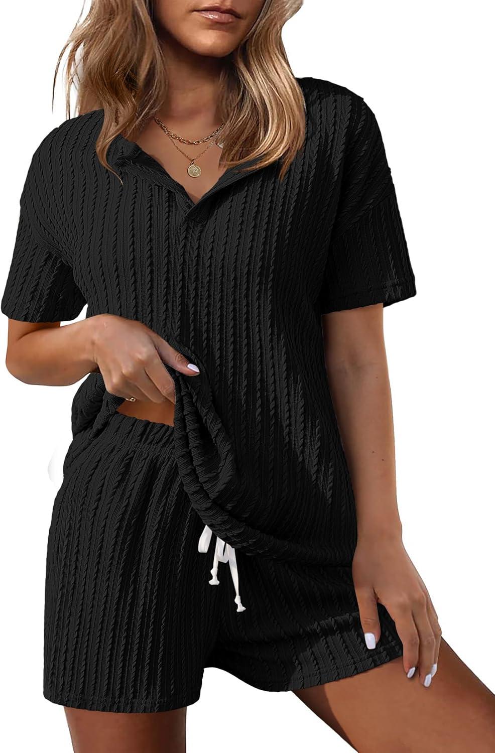 imageEkouaer Ribbed Knit Lounge Sets for Women 2 Piece Outfits Short Sleeve Top and Shorts Pajama Sets Tracksuit Sweatsuits