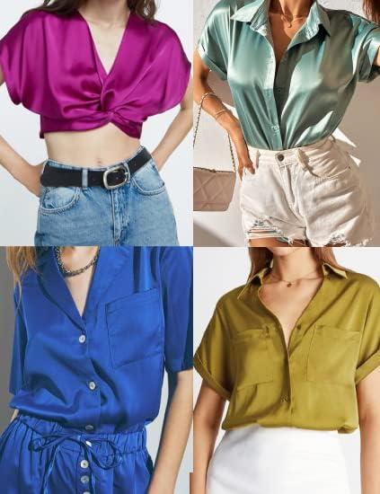 imageEkouaer Satin Pajamas WomenS Short Sleeve Sleepwear Soft Silk Button Down Loungewear Pjs Shorts Set Black M