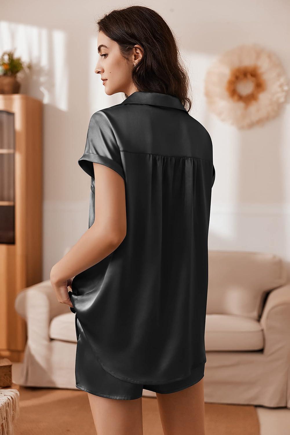 imageEkouaer Satin Pajamas WomenS Short Sleeve Sleepwear Soft Silk Button Down Loungewear Pjs Shorts Set Black M