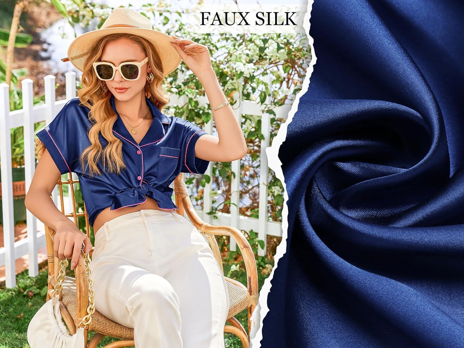imageEkouaer Silk Pajamas Set for Women Button Down 2 Piece Stain Pjs Shorts Set Soft Sleepwear Short Sleeve Loungewear SXXLNavy Blue