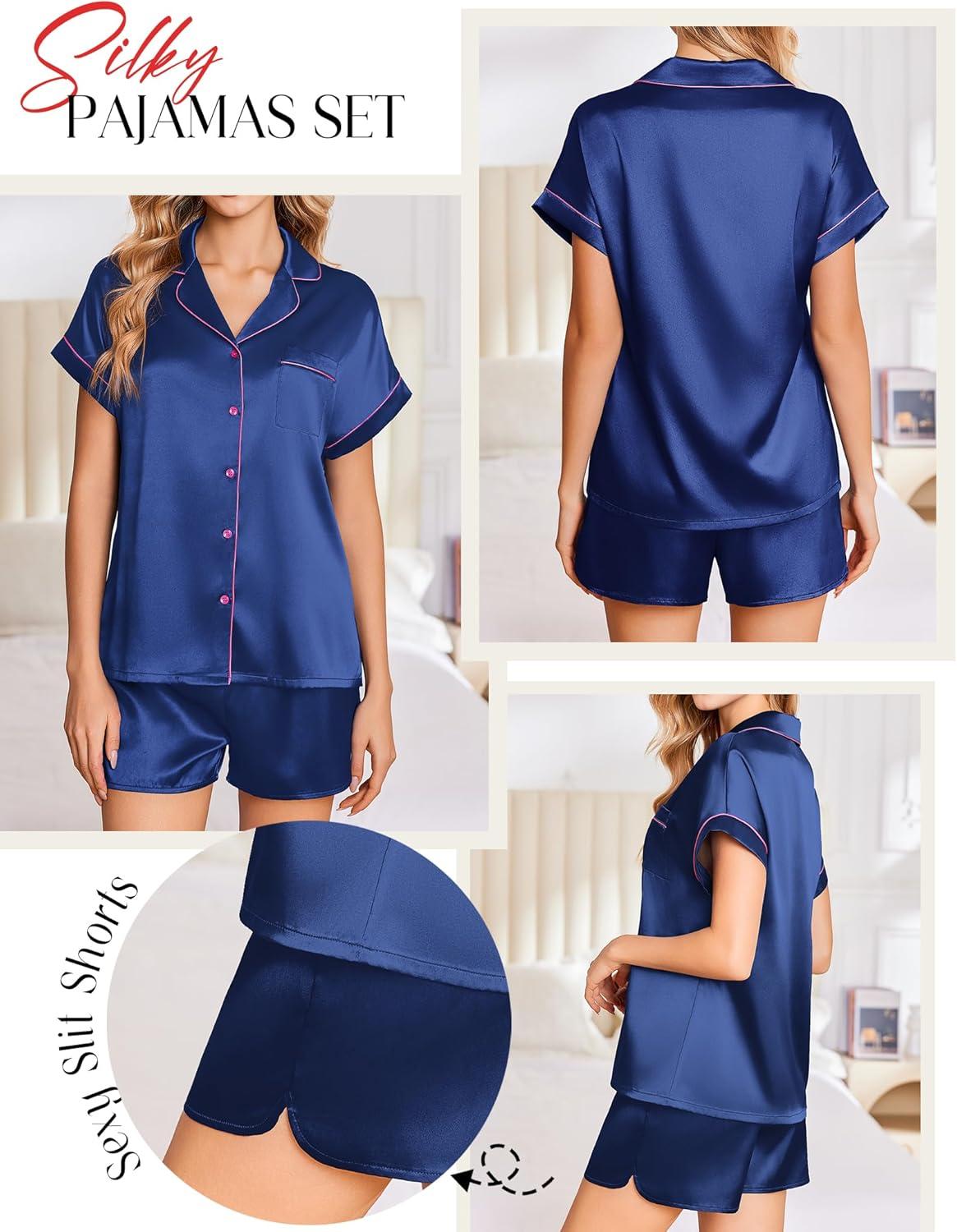 imageEkouaer Silk Pajamas Set for Women Button Down 2 Piece Stain Pjs Shorts Set Soft Sleepwear Short Sleeve Loungewear SXXLNavy Blue