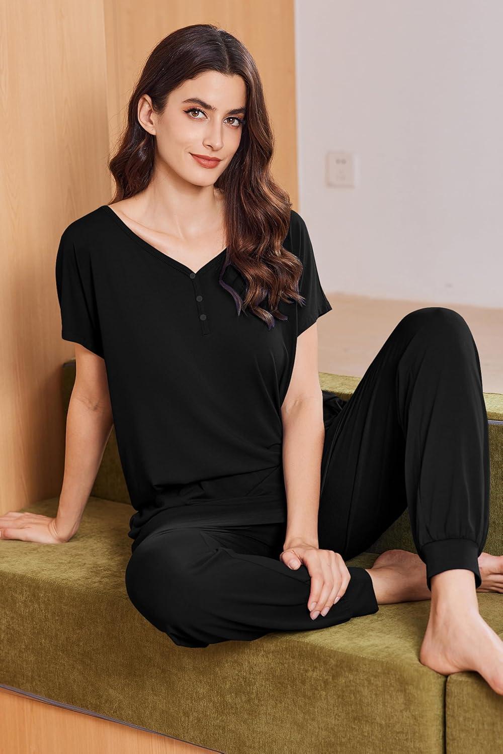 imageEkouaer Viscose from Bamboo Womens Pajama Sets Super Soft Short Sleeve Button Top and Pants Pj Sleepwear Sets SXXLBlack