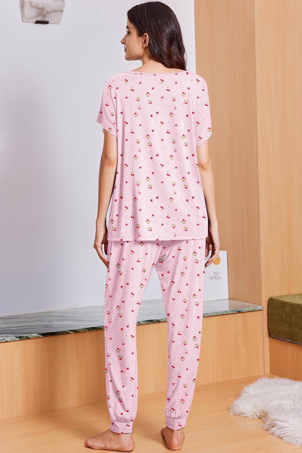 imageEkouaer Viscose from Bamboo Womens Pajama Sets Super Soft Short Sleeve Button Top and Pants Pj Sleepwear Sets SXXLCherry