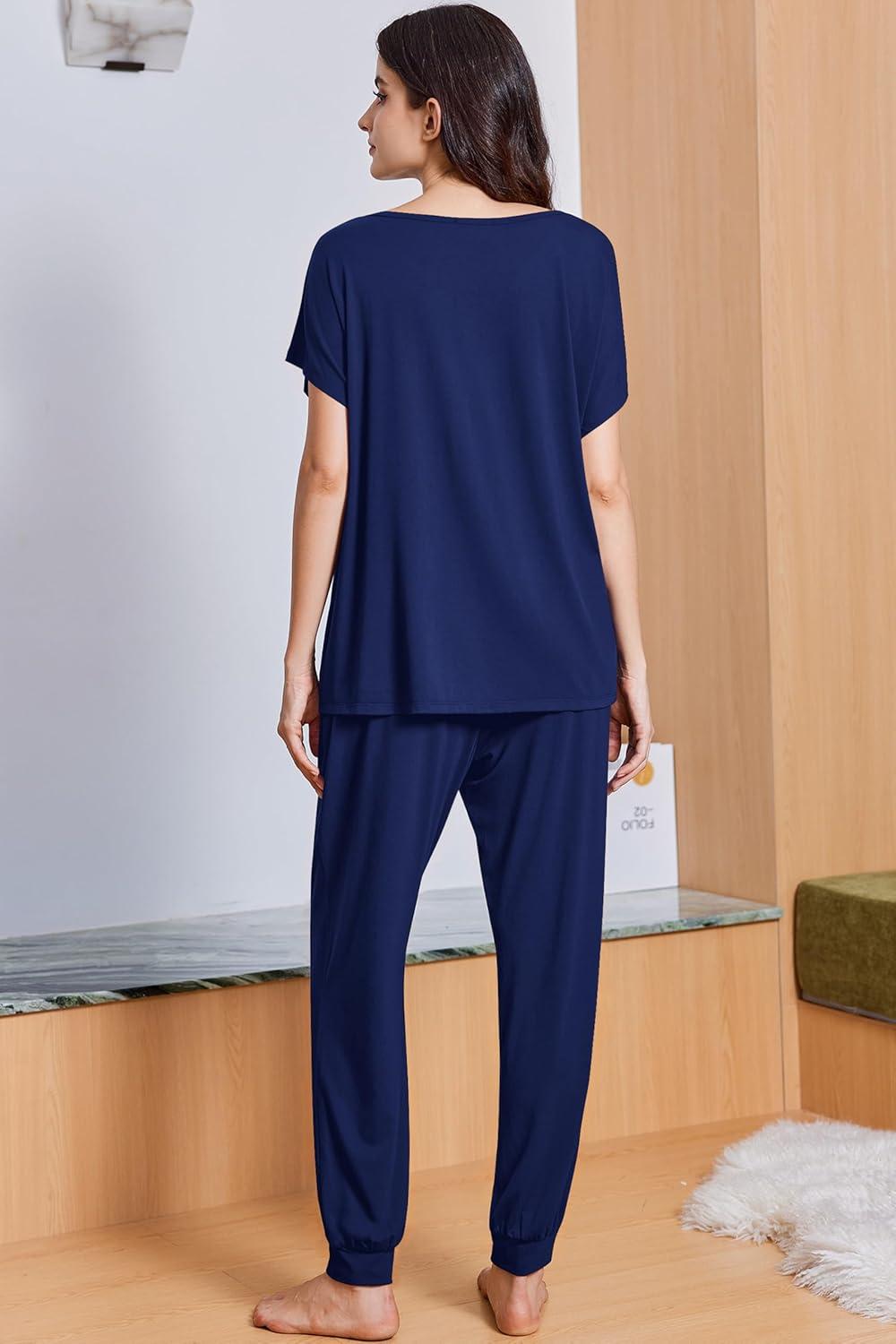 imageEkouaer Viscose from Bamboo Womens Pajama Sets Super Soft Short Sleeve Button Top and Pants Pj Sleepwear Sets SXXLDeep Blue