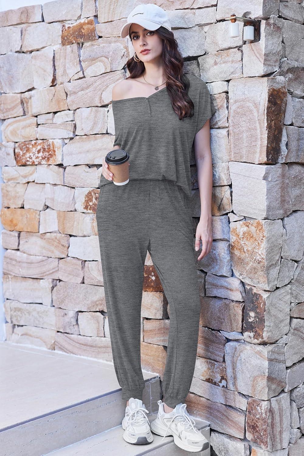 imageEkouaer Viscose from Bamboo Womens Pajama Sets Super Soft Short Sleeve Button Top and Pants Pj Sleepwear Sets SXXLGrey