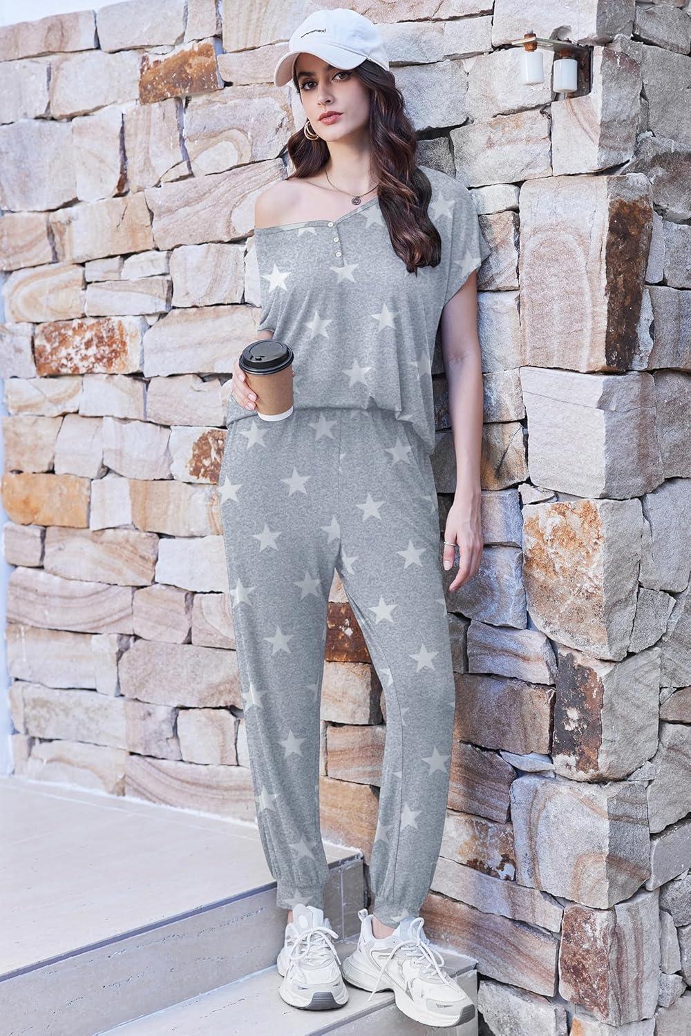 imageEkouaer Viscose from Bamboo Womens Pajama Sets Super Soft Short Sleeve Button Top and Pants Pj Sleepwear Sets SXXLGrey Star