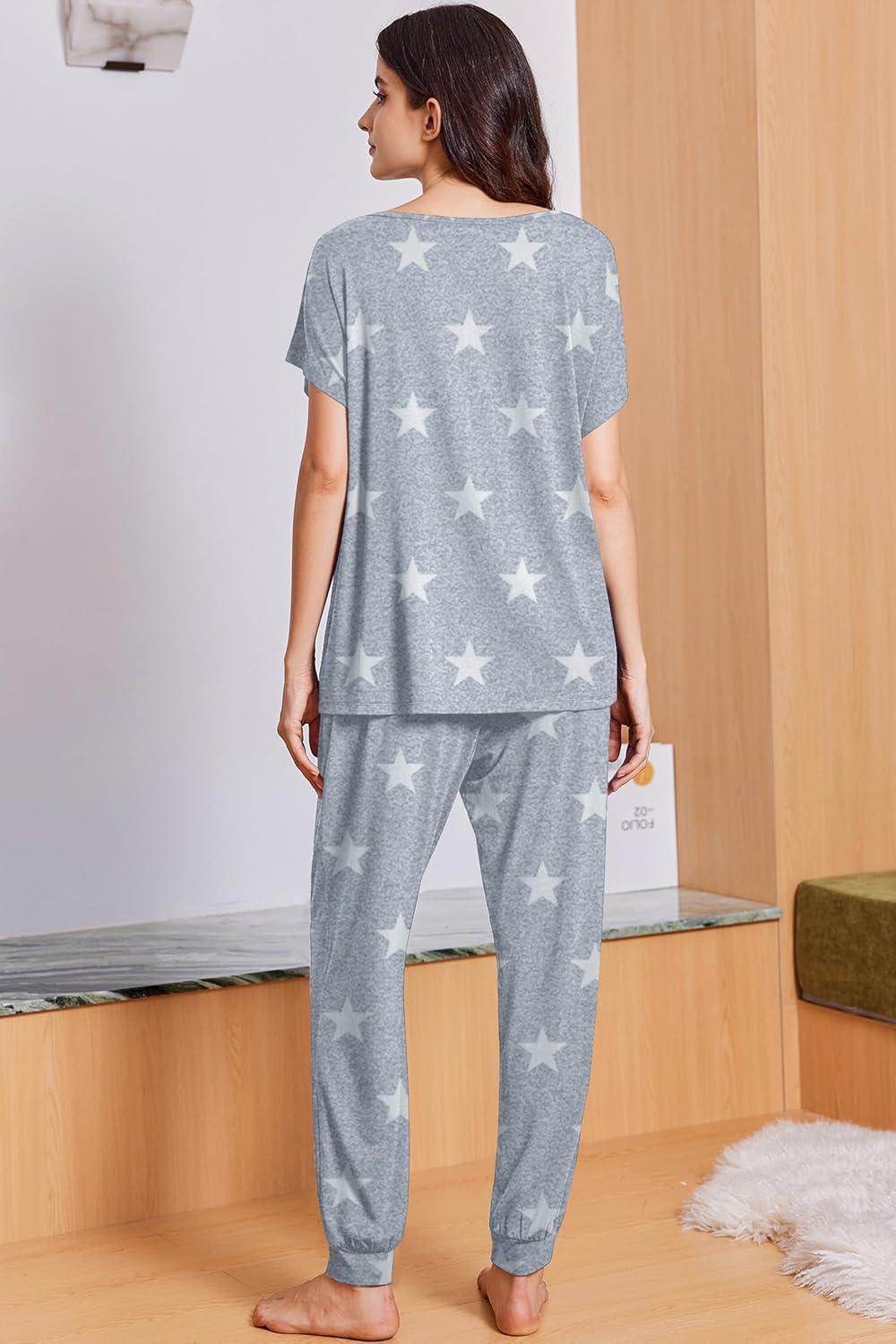 imageEkouaer Viscose from Bamboo Womens Pajama Sets Super Soft Short Sleeve Button Top and Pants Pj Sleepwear Sets SXXLGrey Star