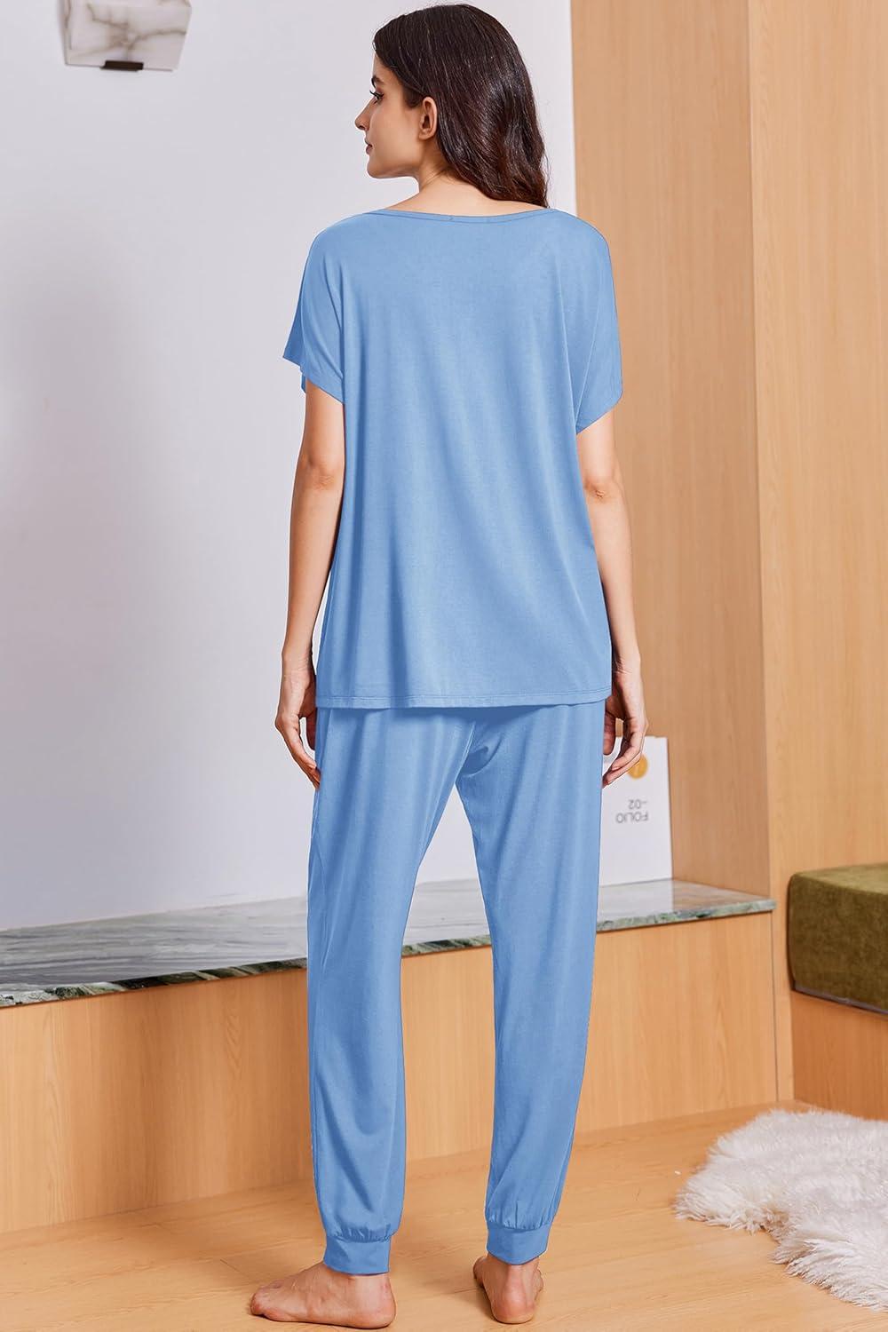 imageEkouaer Viscose from Bamboo Womens Pajama Sets Super Soft Short Sleeve Button Top and Pants Pj Sleepwear Sets SXXLLight Blue