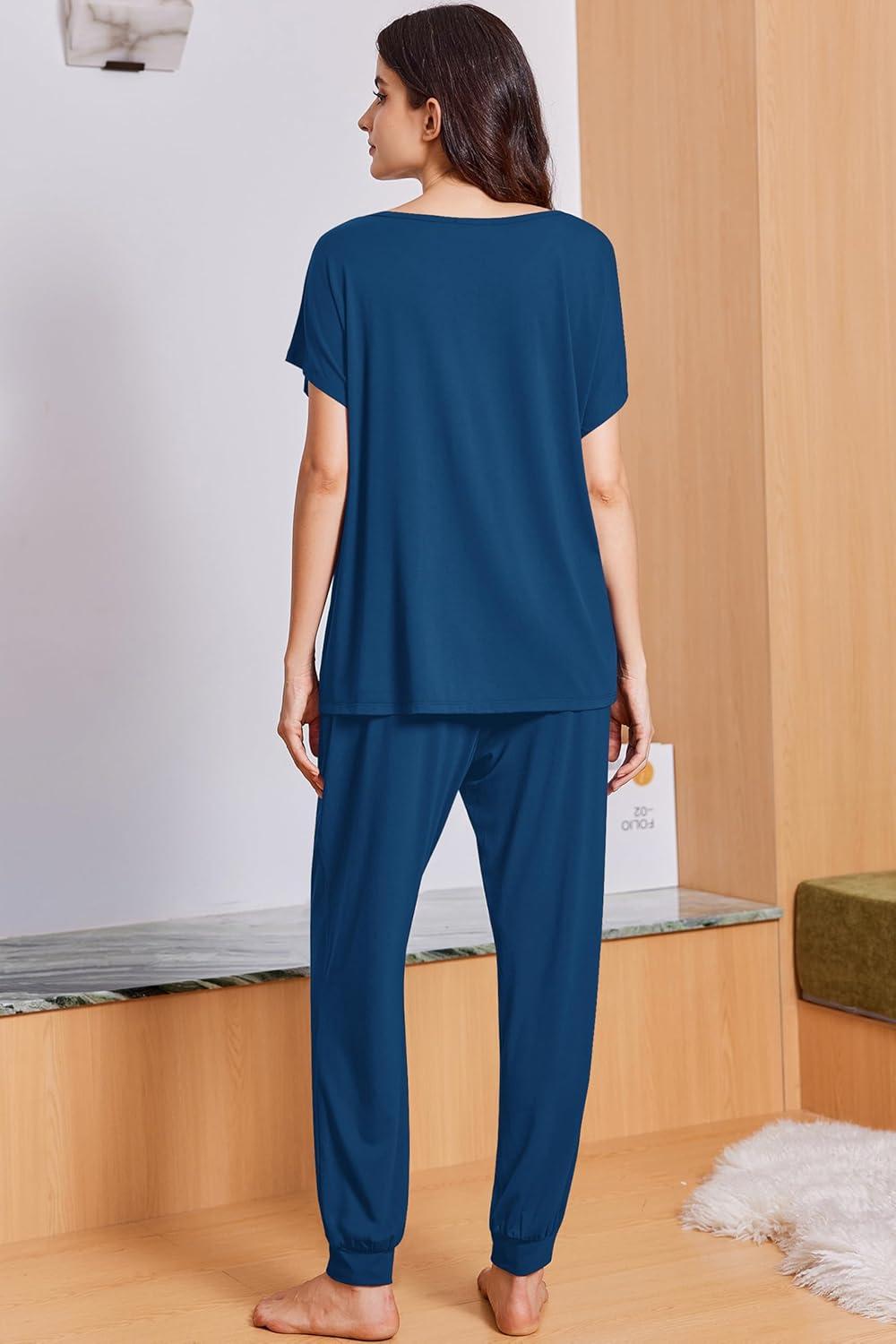 imageEkouaer Viscose from Bamboo Womens Pajama Sets Super Soft Short Sleeve Button Top and Pants Pj Sleepwear Sets SXXLNavy Blue